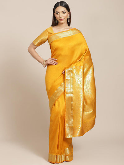 Yellow Solid Silk Blend Saree - ShopLibas