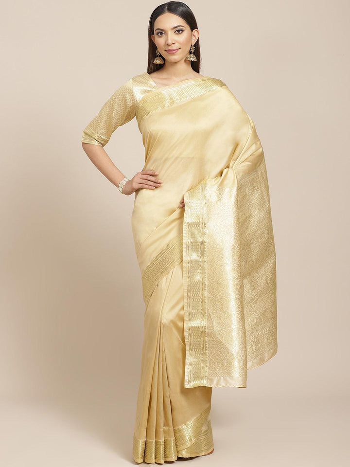 Beige Solid Silk Blend Saree - ShopLibas