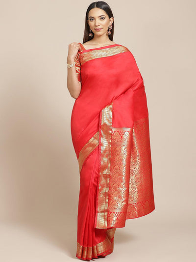 Red Solid Silk Blend Saree - ShopLibas