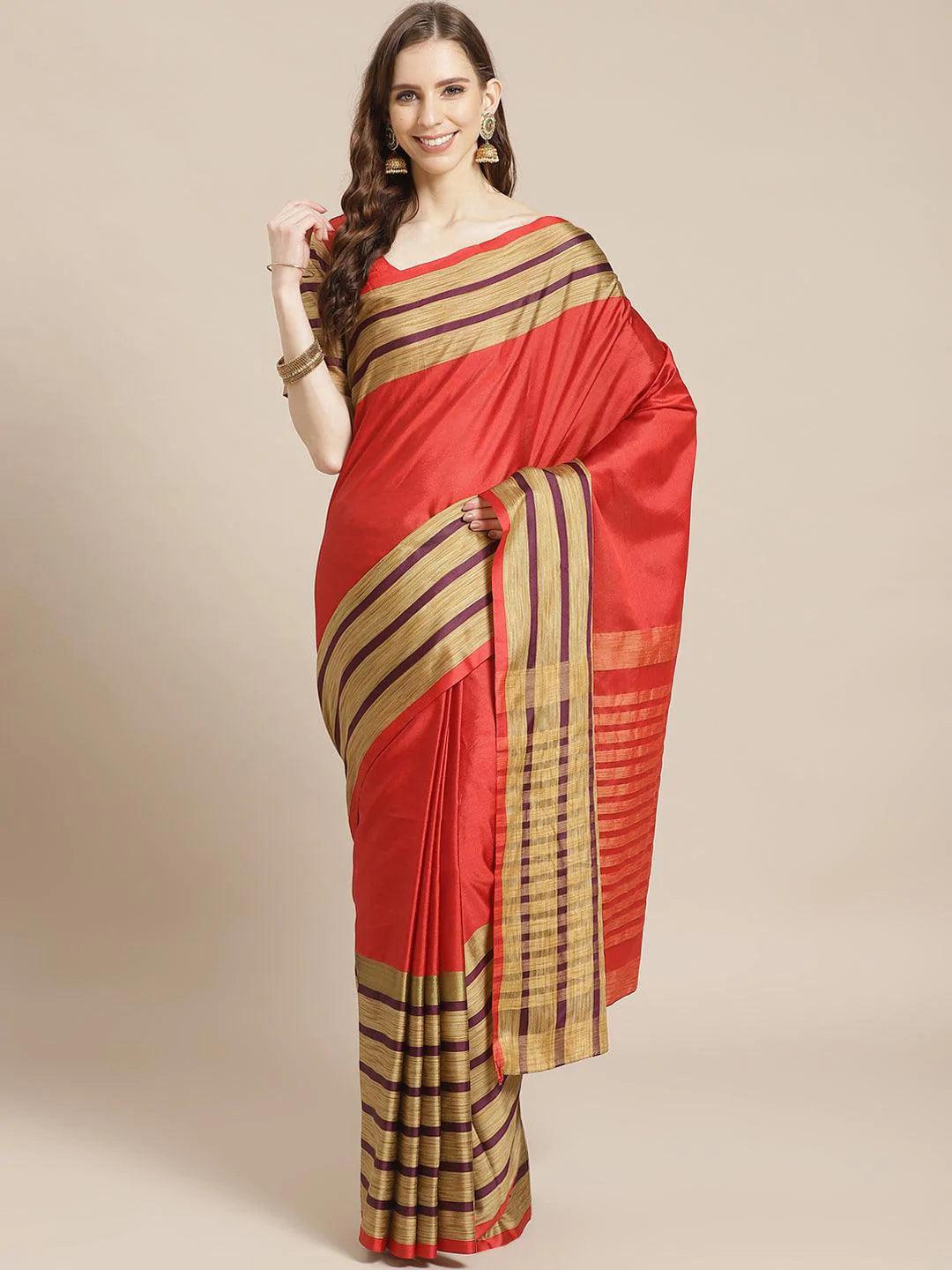 Multicoloured Striped Polyester Silk Saree - ShopLibas