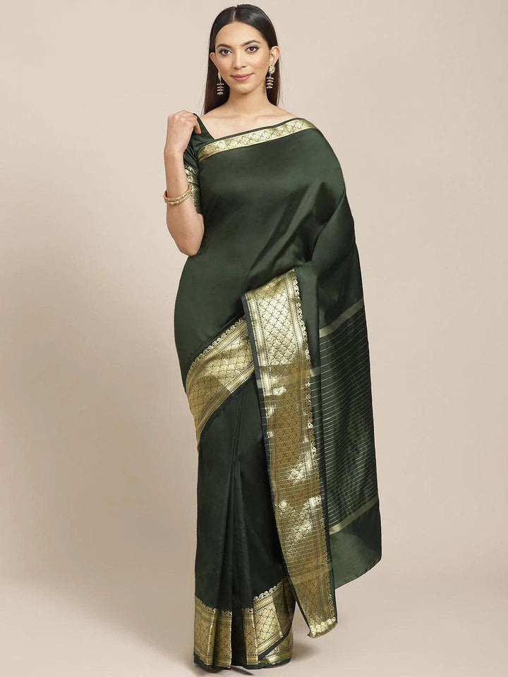 Olive Solid Silk Blend Saree - ShopLibas
