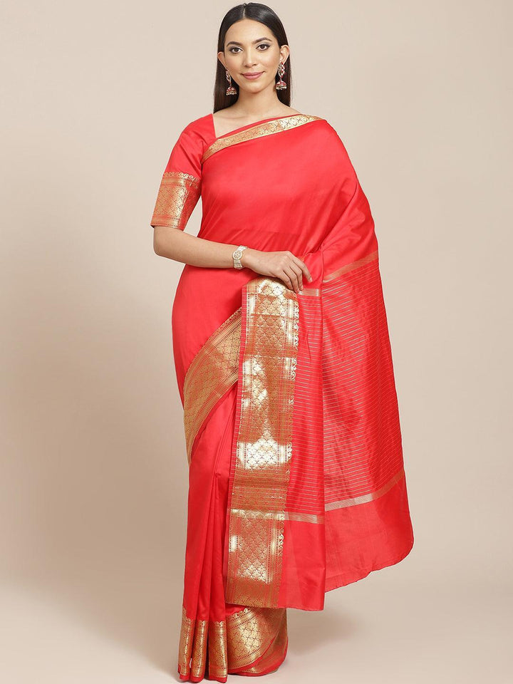 Red Solid Silk Blend Saree - ShopLibas