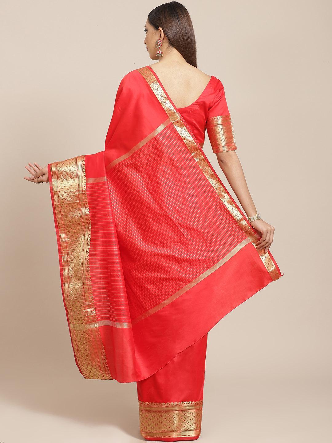 Red Solid Silk Blend Saree - ShopLibas