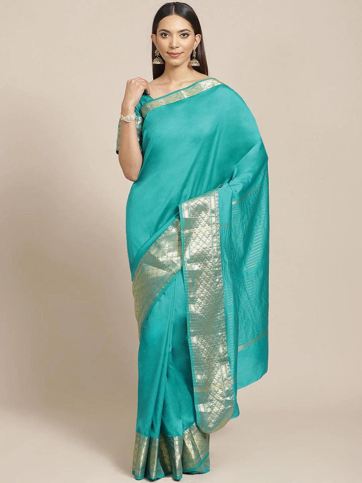 Sea Green Solid Silk Blend Saree - ShopLibas