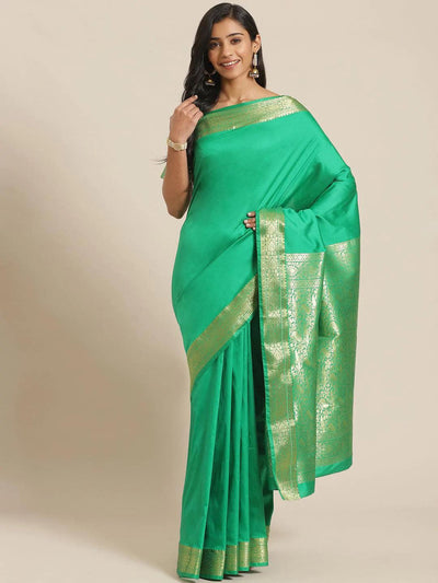 Green Solid Silk Blend Saree - ShopLibas