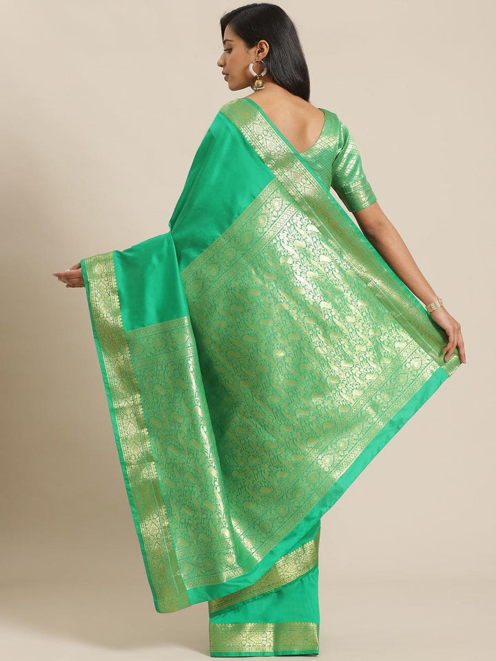 Green Solid Silk Blend Saree - ShopLibas