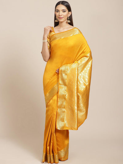 Yellow Solid Silk Blend Saree - ShopLibas