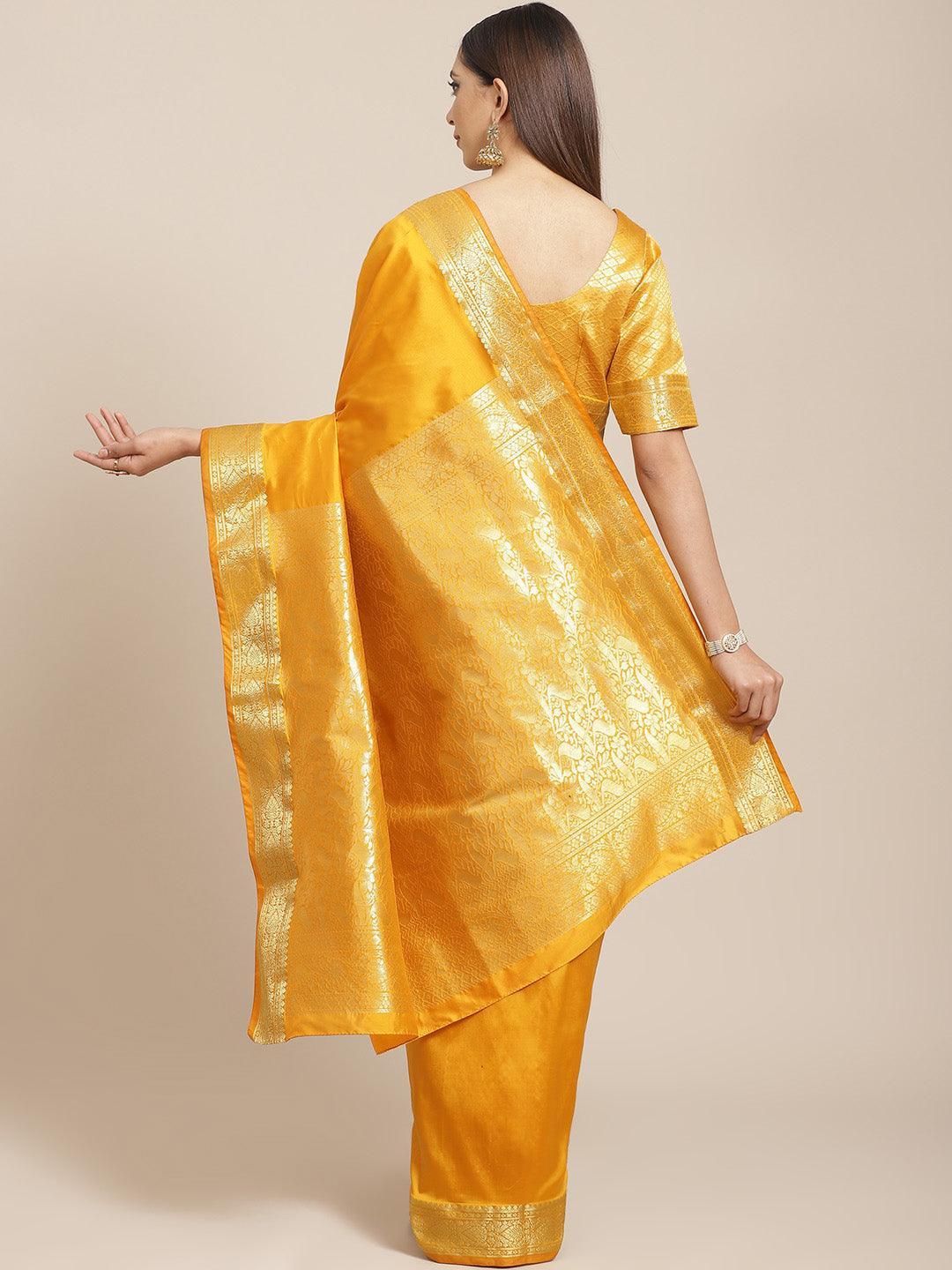 Yellow Solid Silk Blend Saree - ShopLibas