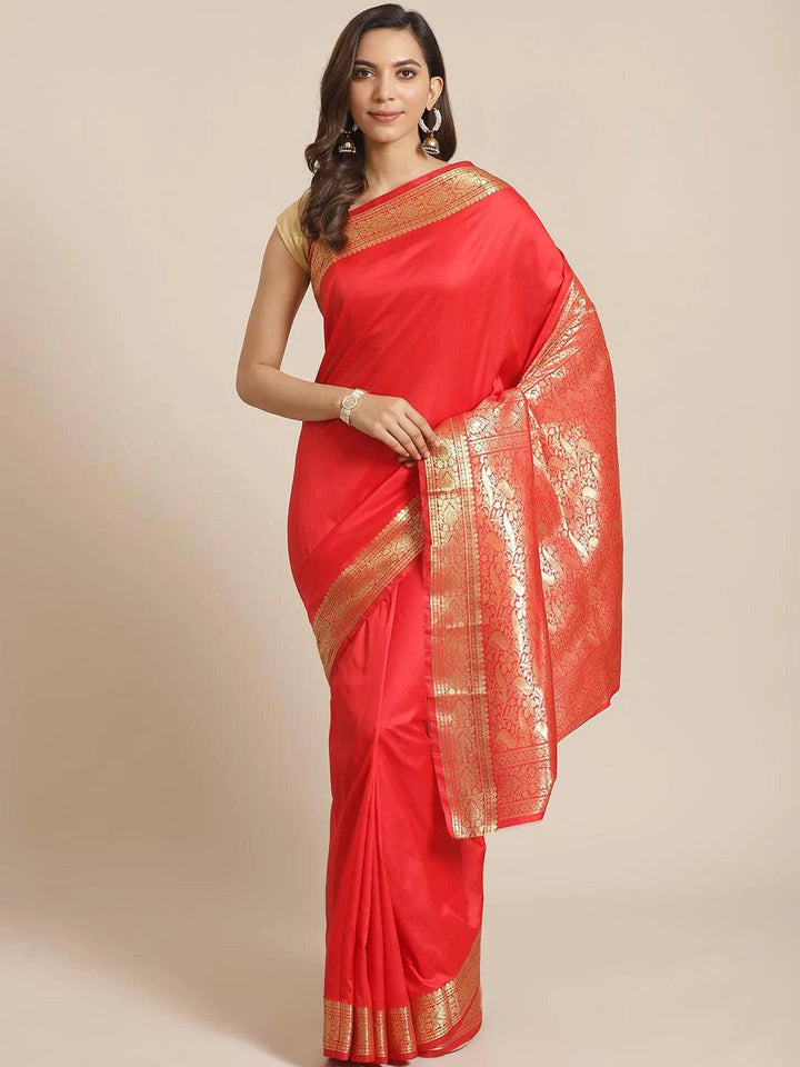 Red Solid Silk Blend Saree - ShopLibas
