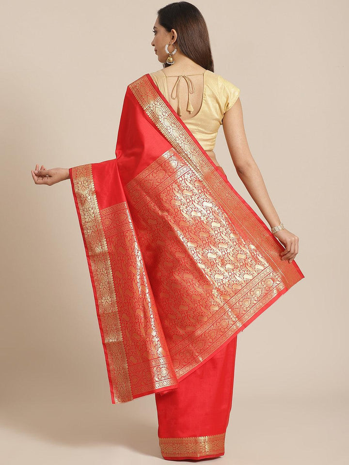 Red Solid Silk Blend Saree - ShopLibas