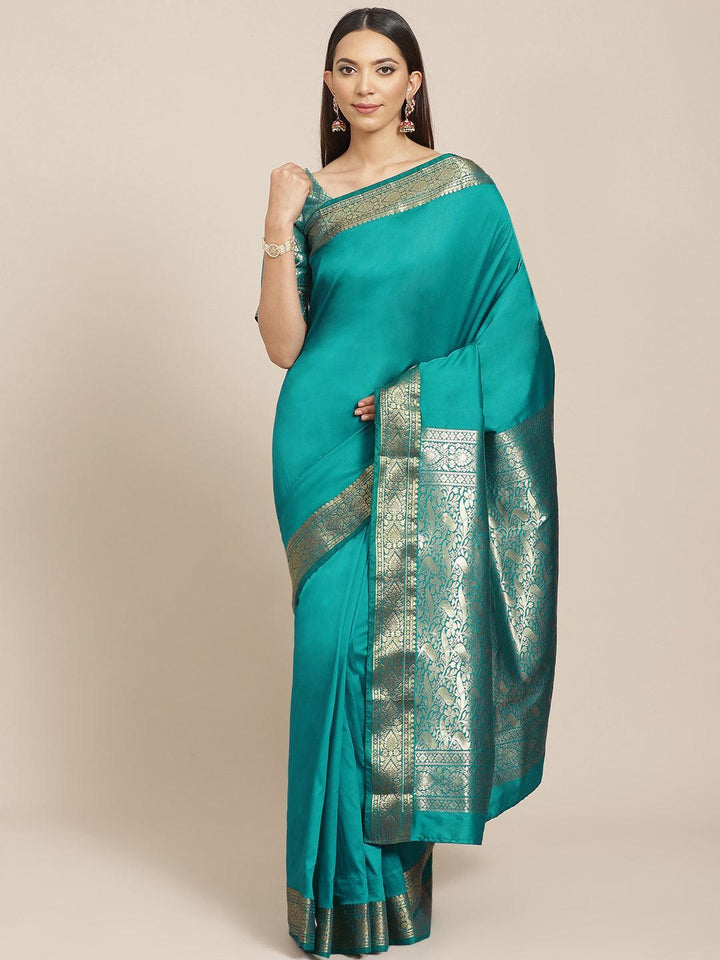 Sea Green Solid Silk Blend Saree - ShopLibas