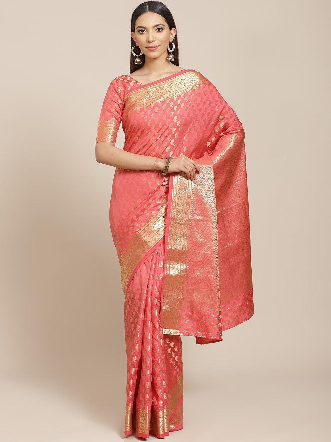 Pink Woven Design Brocade Saree - ShopLibas