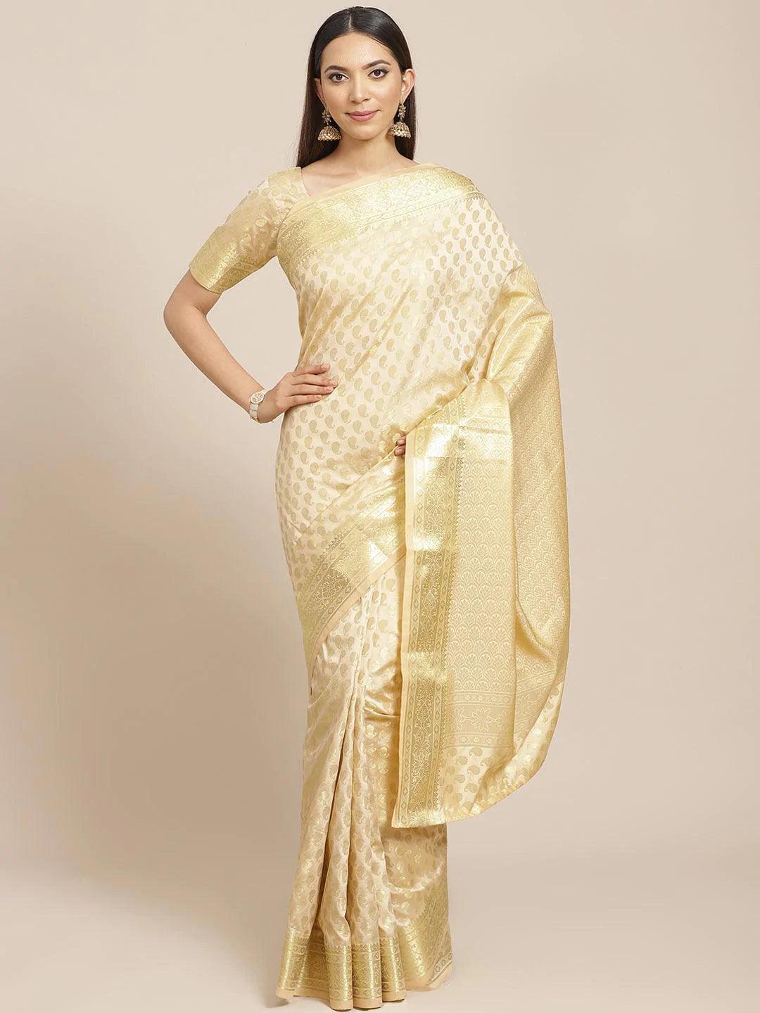 Beige Woven Design Brocade Saree - ShopLibas