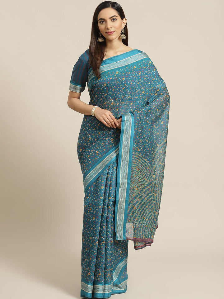 Blue Printed Cotton Saree - ShopLibas