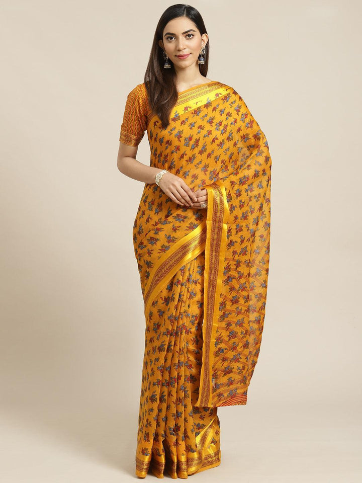 Mustard Printed Cotton Saree - ShopLibas