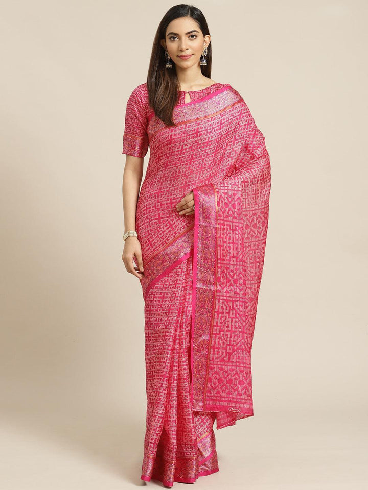 Pink Printed Linen Saree - ShopLibas