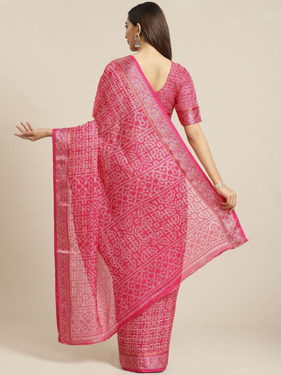 Pink Printed Linen Saree - ShopLibas