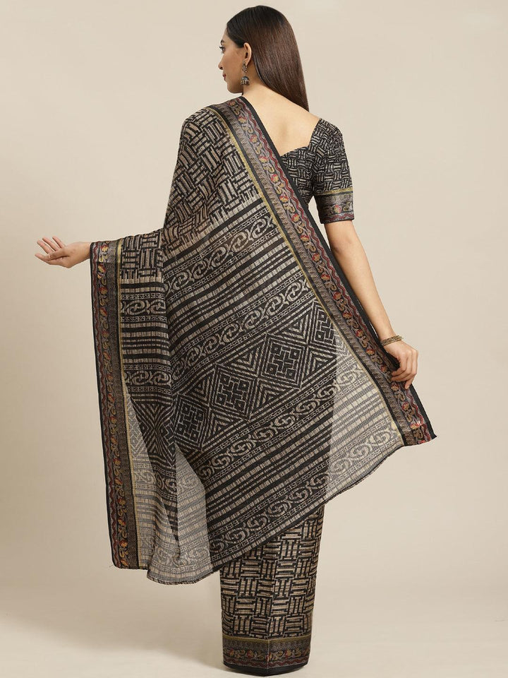 Black Printed Cotton Saree - ShopLibas