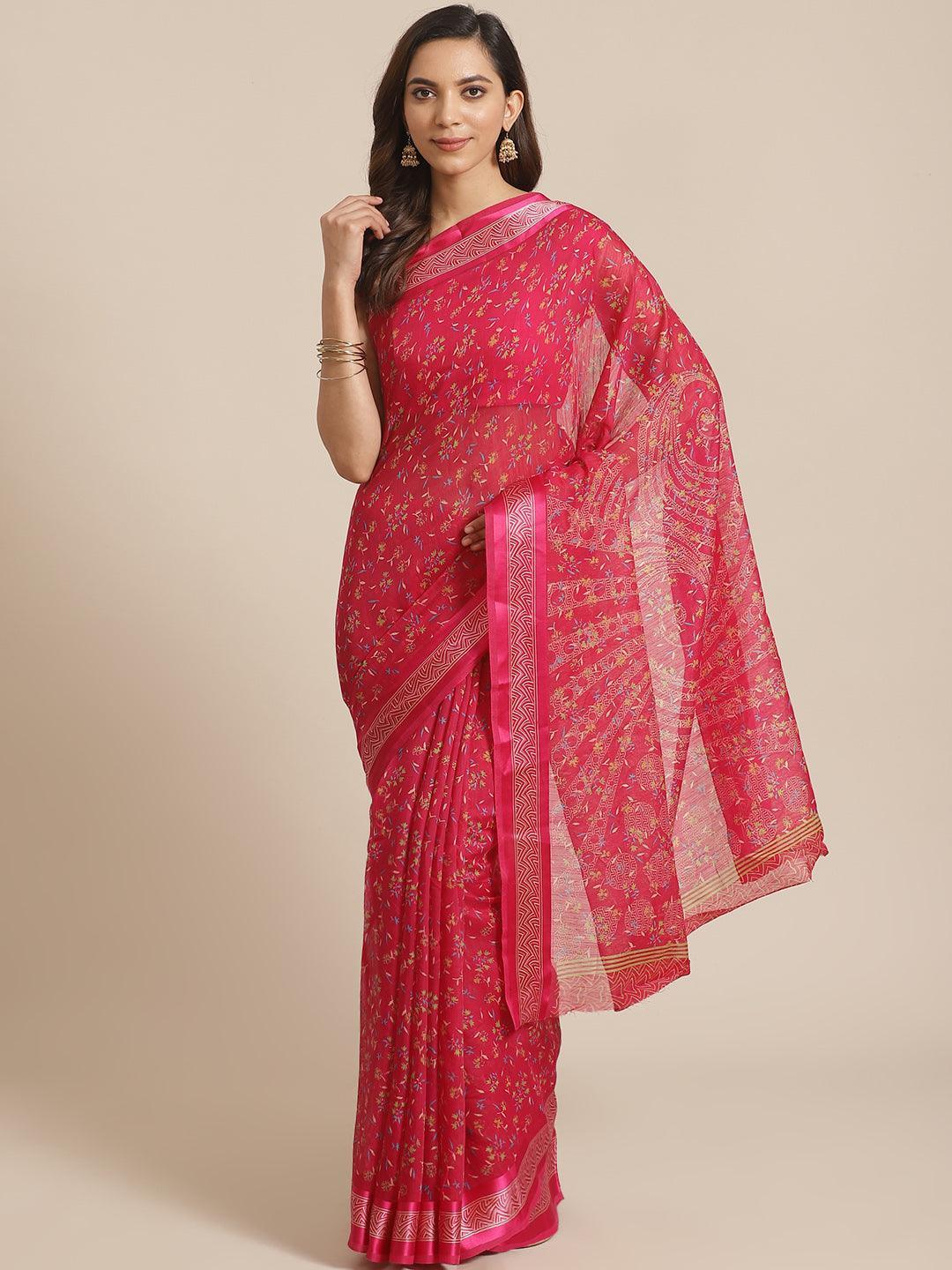 Pink Printed Cotton Saree - ShopLibas