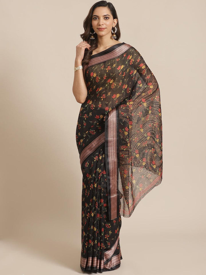 Black Printed Cotton Saree - ShopLibas