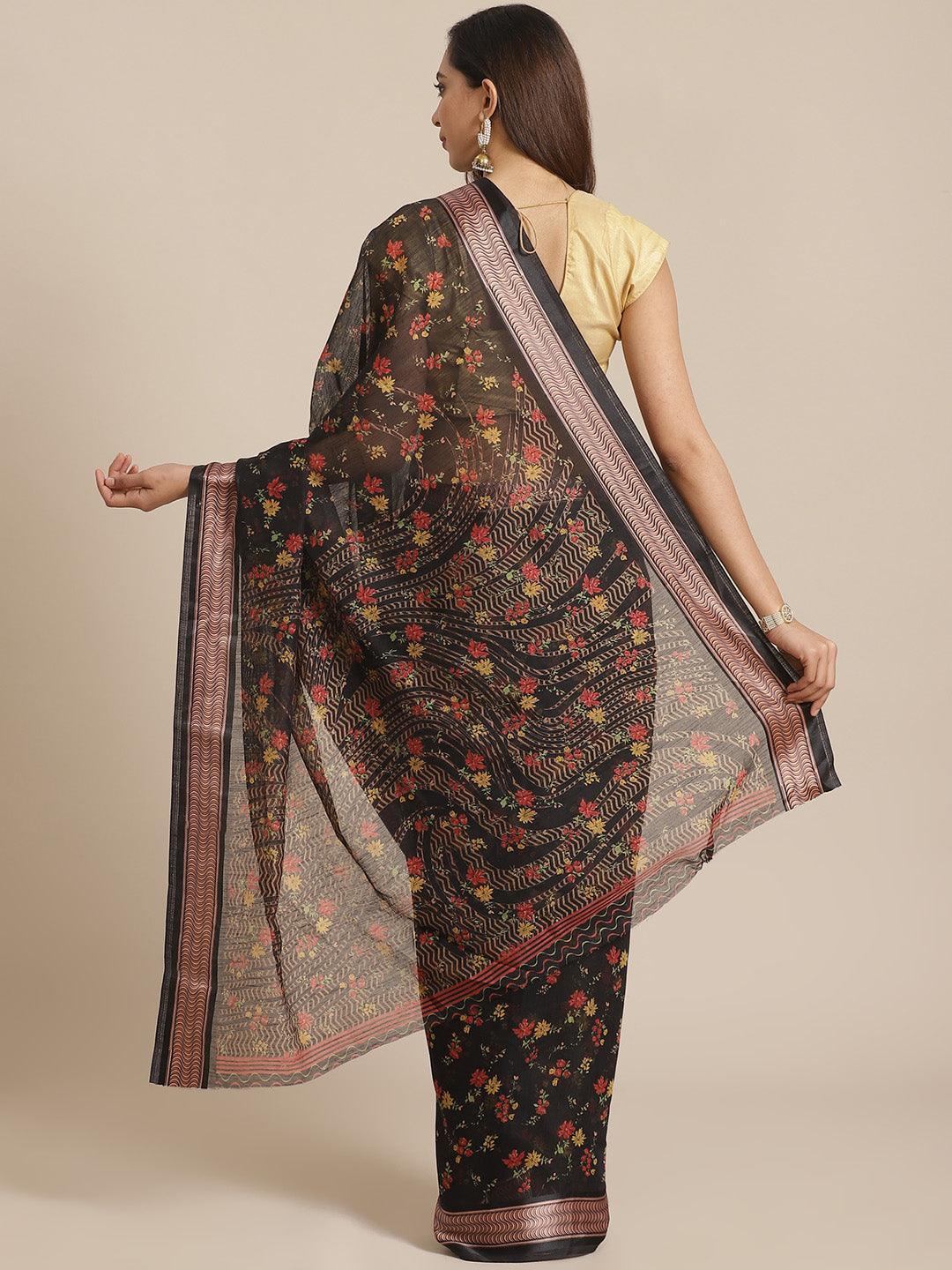 Black Printed Cotton Saree - ShopLibas
