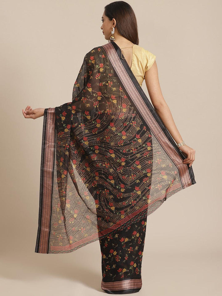 Black Printed Cotton Saree - ShopLibas