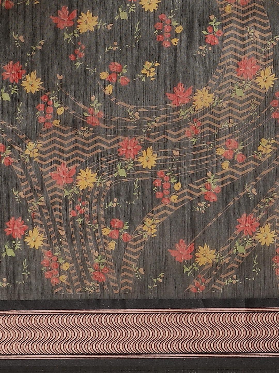 Black Printed Cotton Saree - ShopLibas