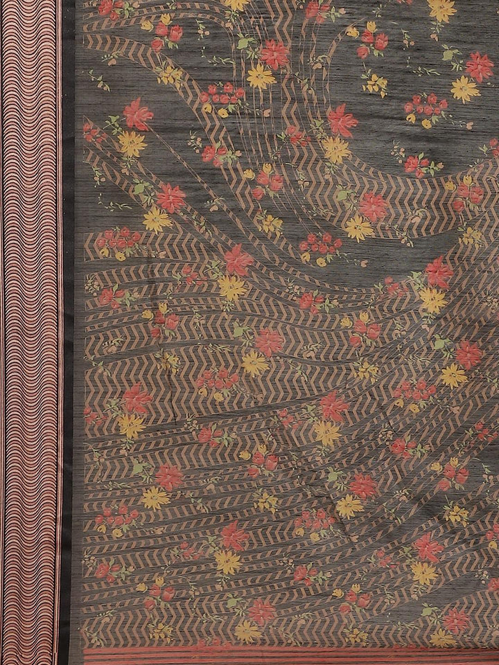 Black Printed Cotton Saree - ShopLibas