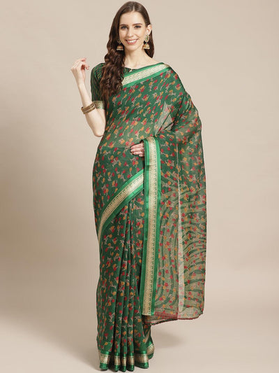 Green Printed Cotton Saree - ShopLibas