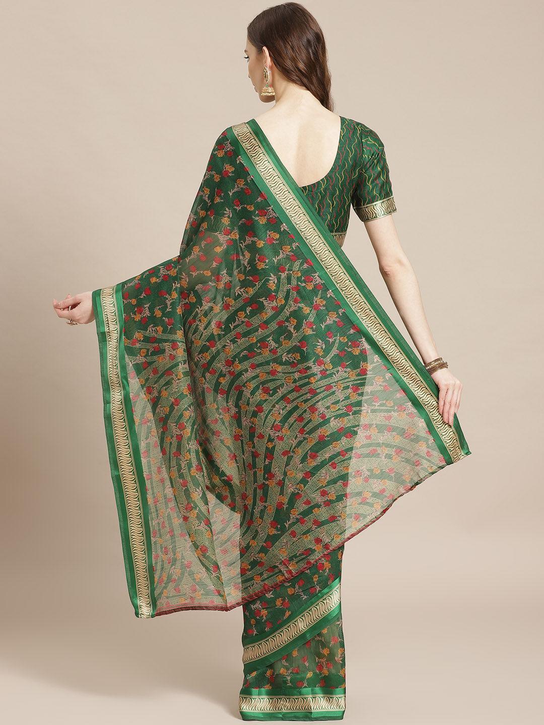 Green Printed Cotton Saree - ShopLibas