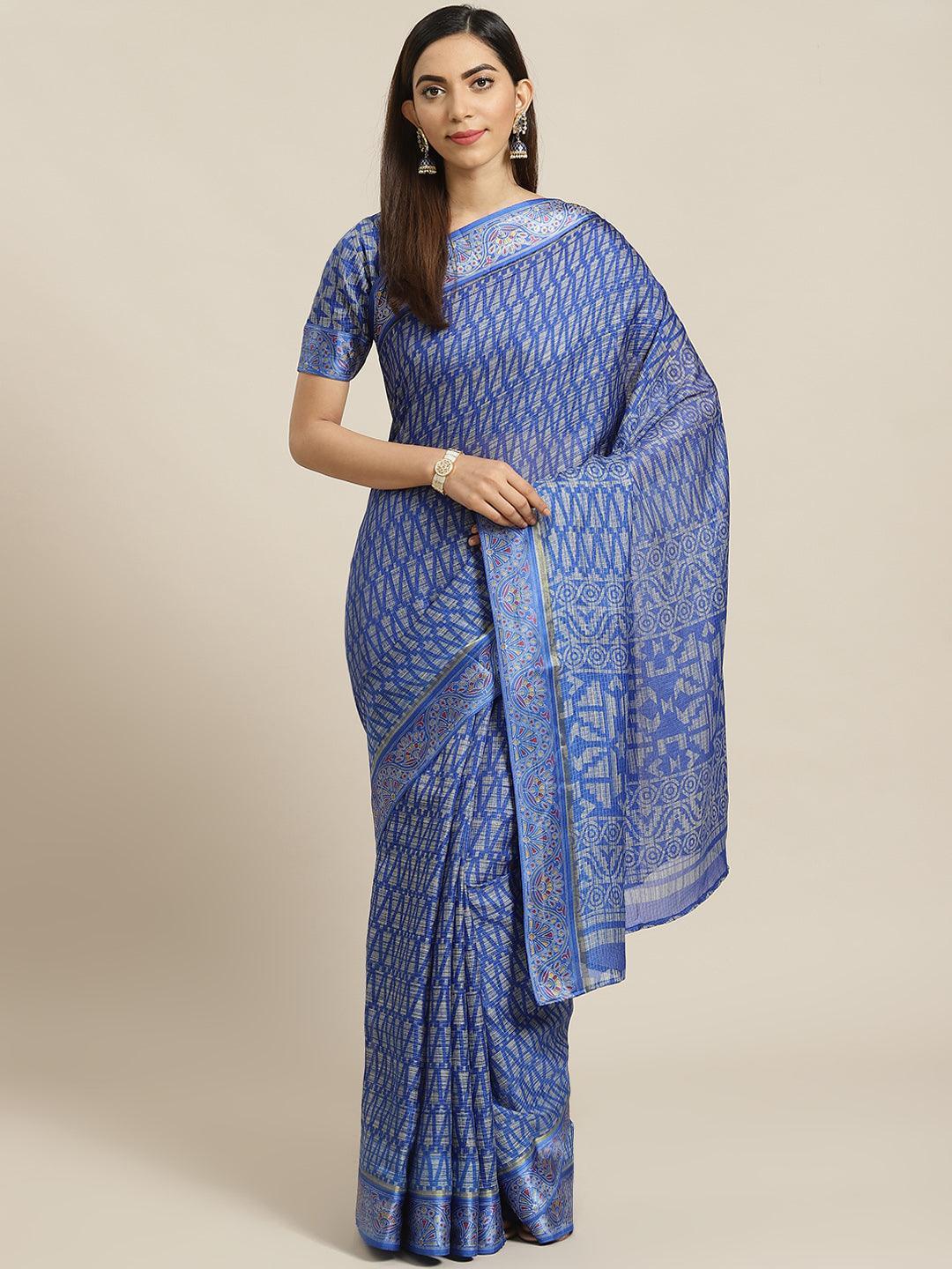Blue Printed Linen Saree - ShopLibas