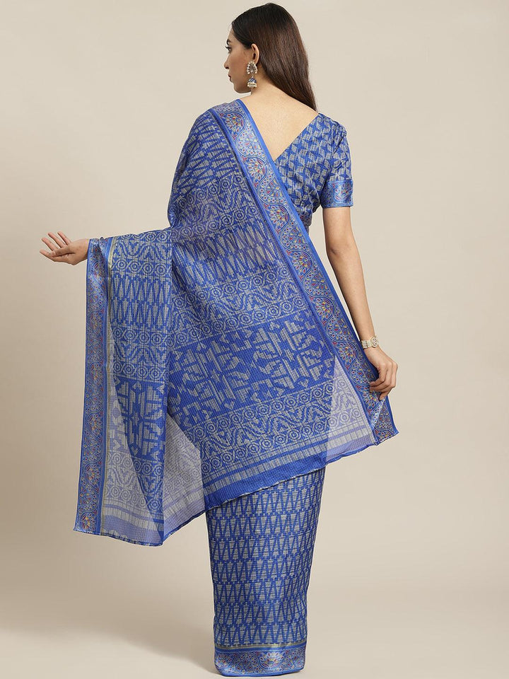 Blue Printed Linen Saree - ShopLibas
