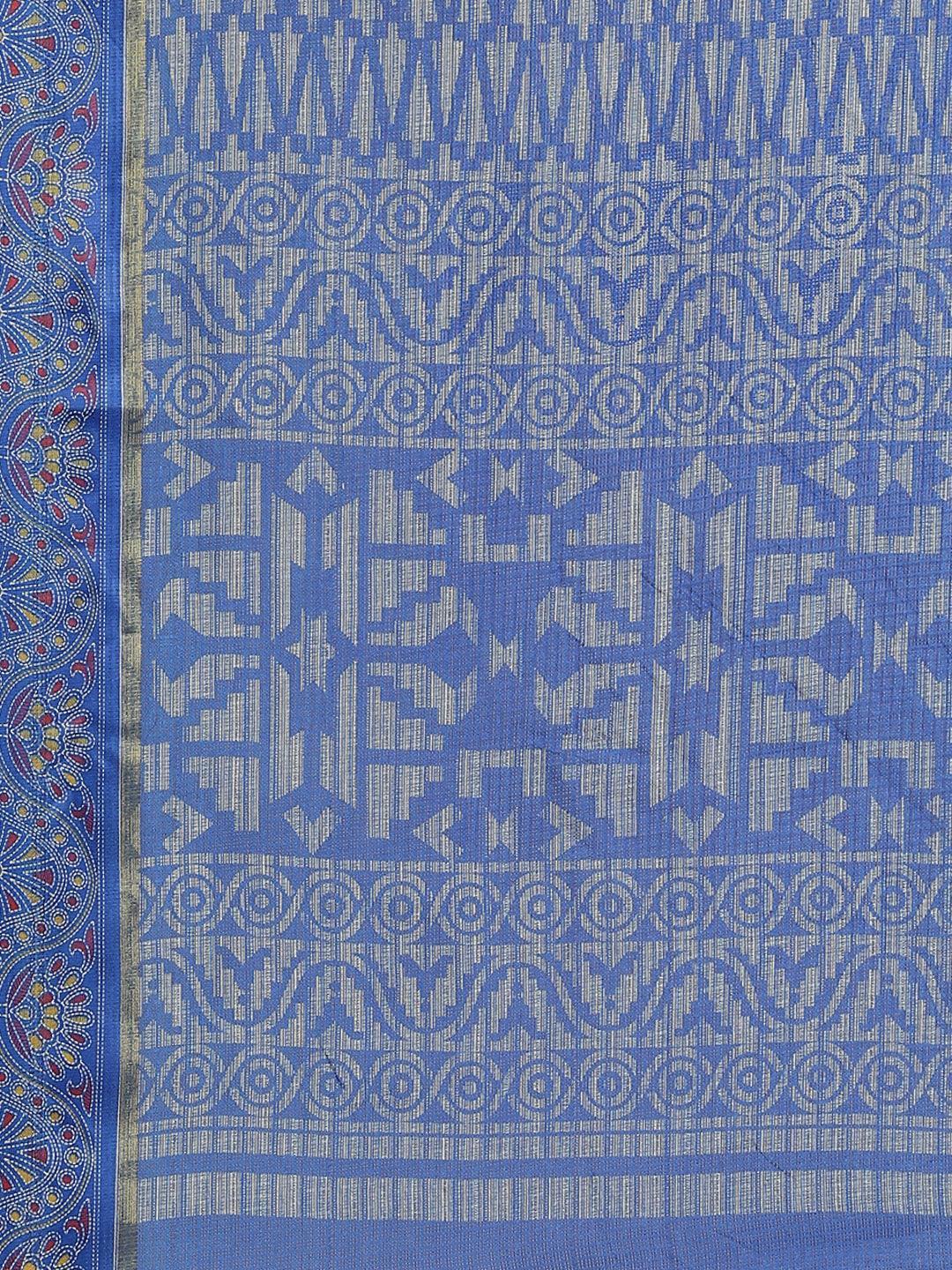Blue Printed Linen Saree - ShopLibas