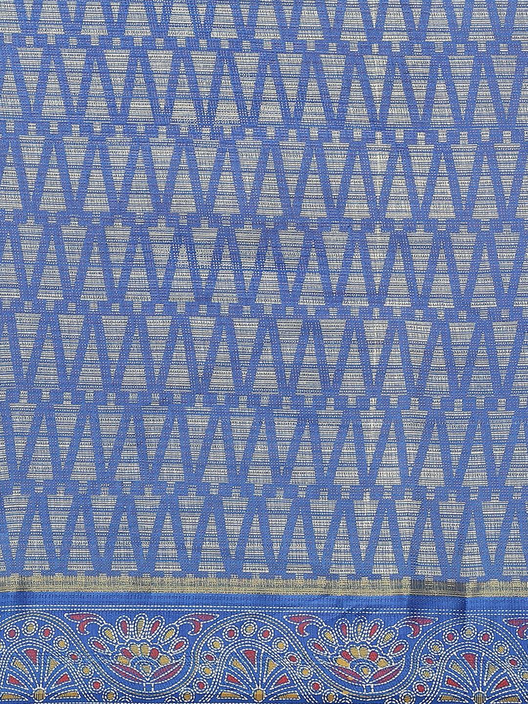 Blue Printed Linen Saree - ShopLibas