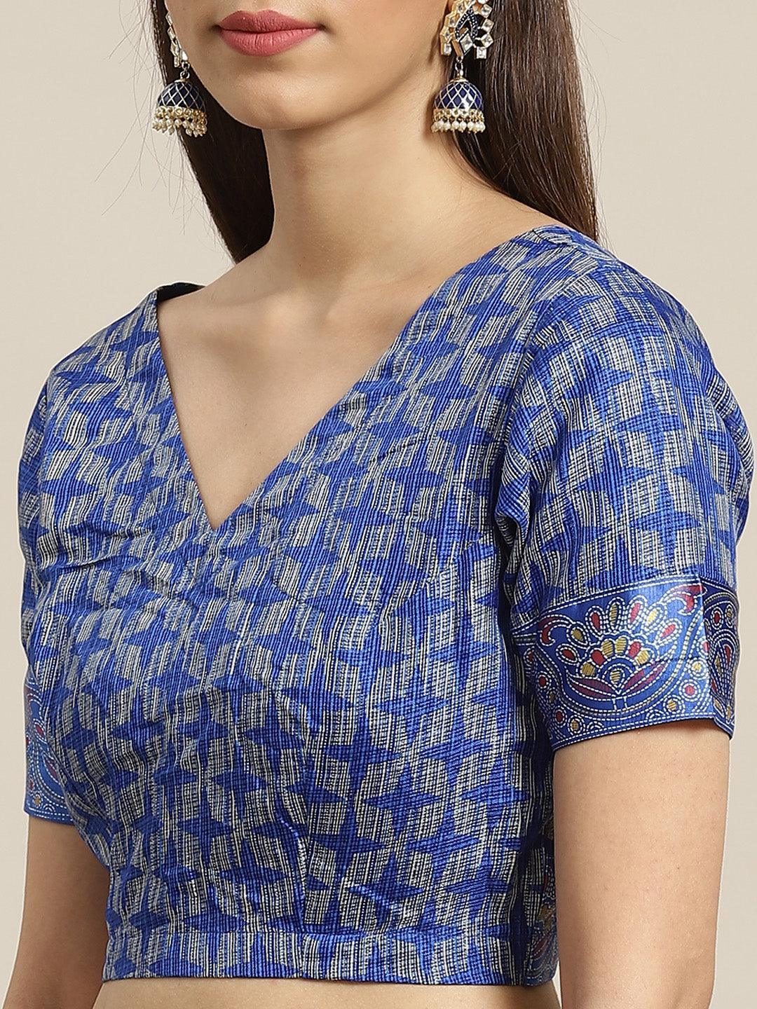 Blue Printed Linen Saree - ShopLibas