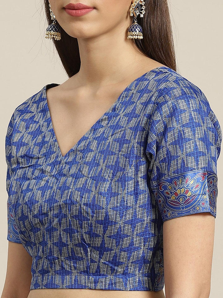 Blue Printed Linen Saree - ShopLibas