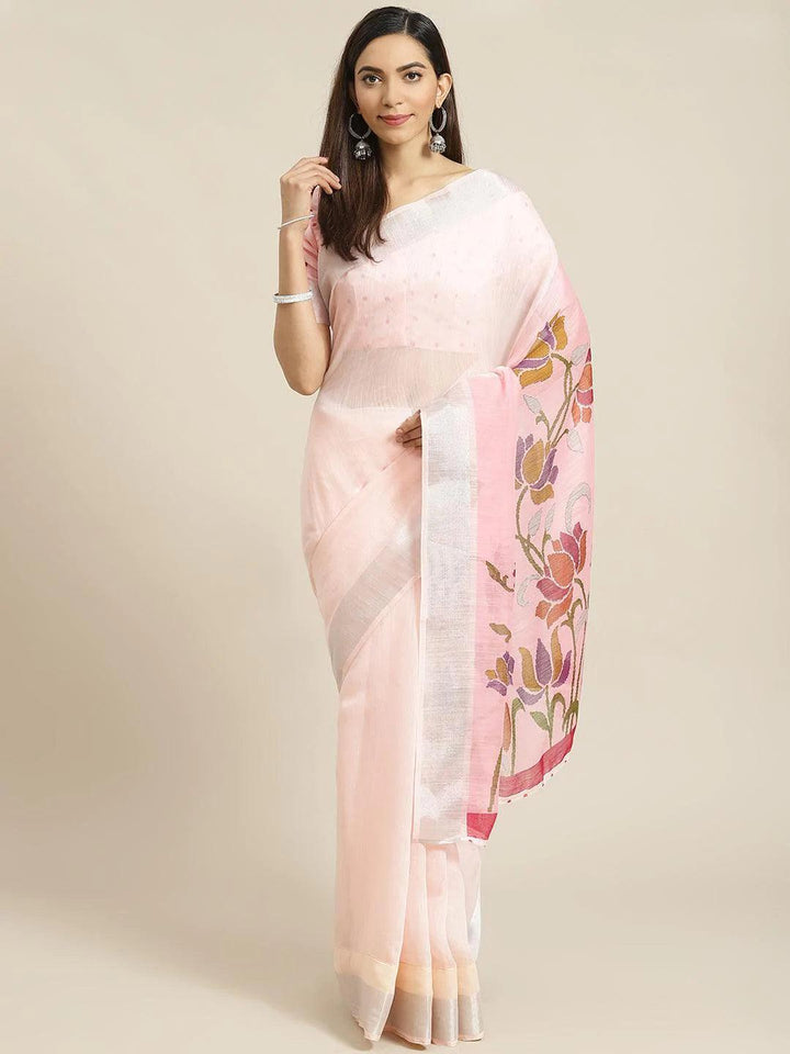 Pink Solid Cotton Saree - ShopLibas