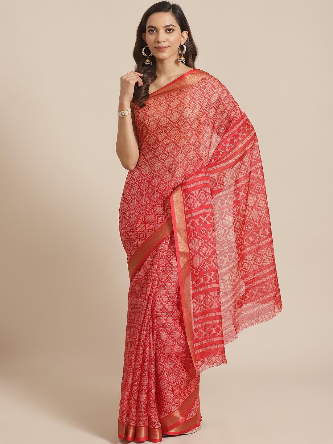 Red Printed Chiffon Saree - ShopLibas