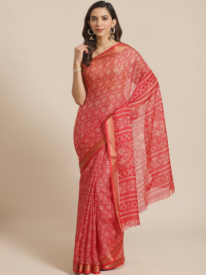 Red Printed Chiffon Saree - ShopLibas