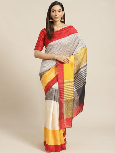Multicoloured Striped Linen Saree - ShopLibas