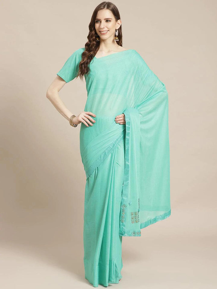 Sea Green Solid Polyester Saree - ShopLibas