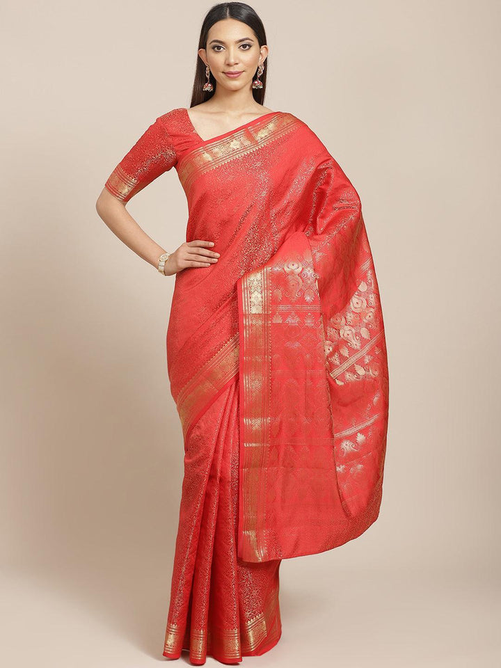 Red Woven Design Brocade Saree - ShopLibas