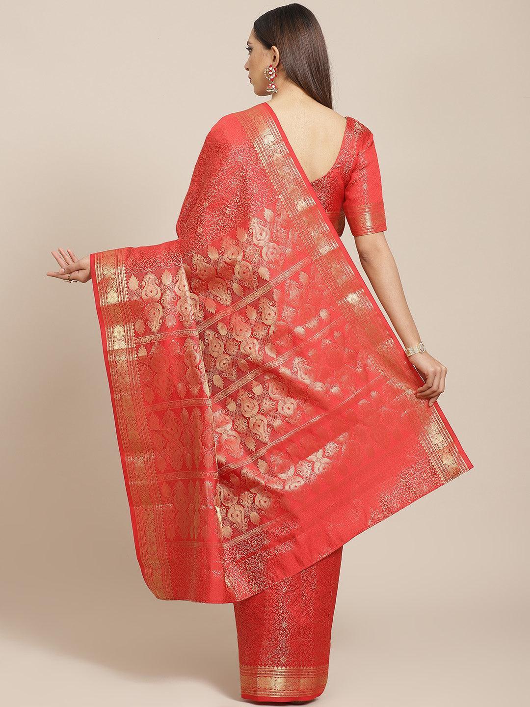 Red Woven Design Brocade Saree - ShopLibas