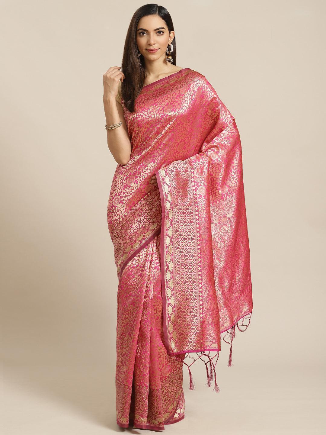 Pink Woven Design Brocade Saree - ShopLibas
