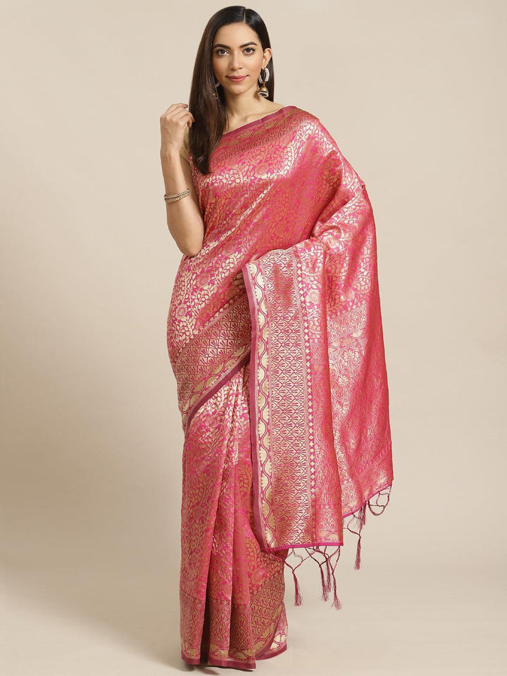 Pink Woven Design Brocade Saree - ShopLibas
