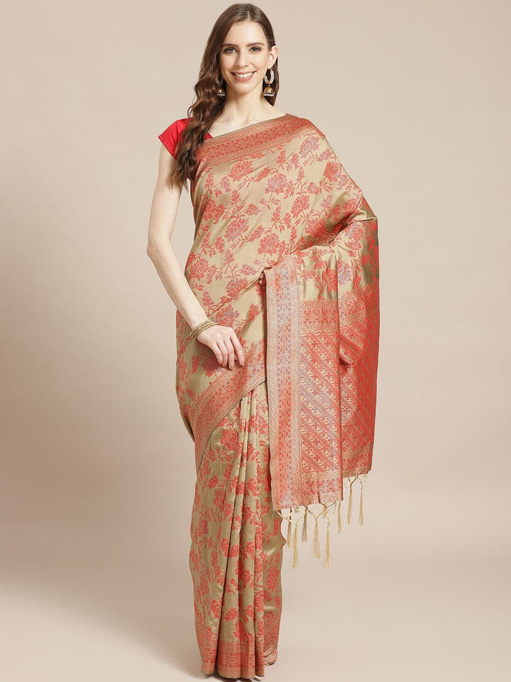 Beige Woven Design Brocade Saree