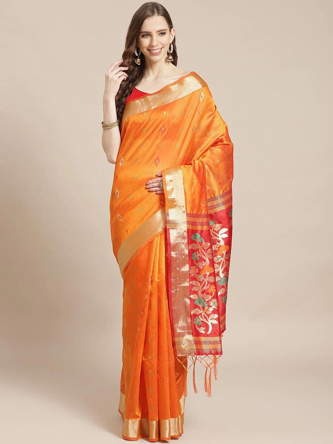 Orange Woven Design Brocade Saree - ShopLibas