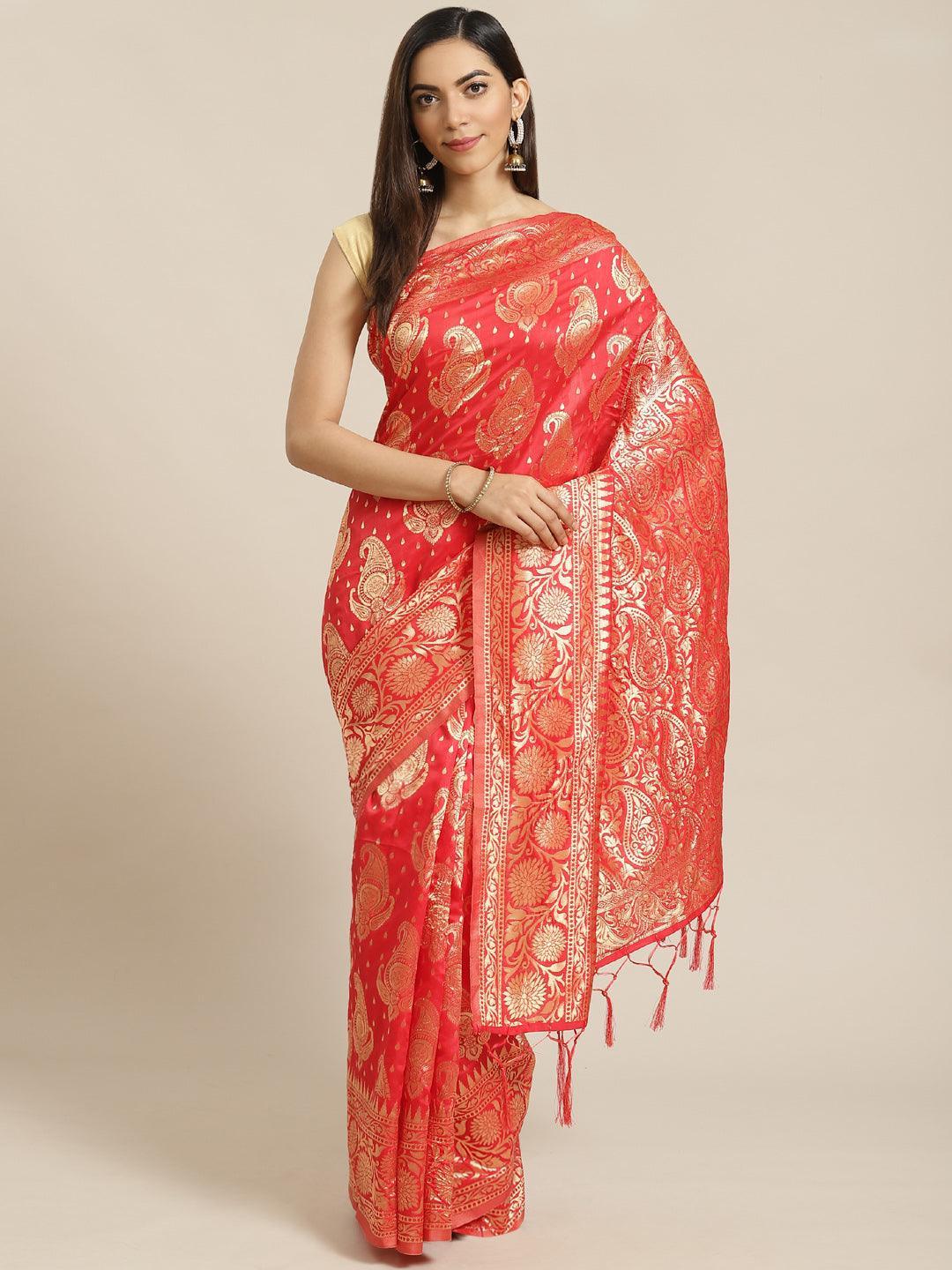 Red Woven Design Brocade Saree - ShopLibas