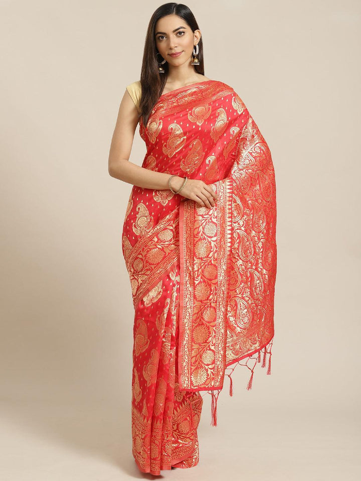 Red Woven Design Brocade Saree - ShopLibas