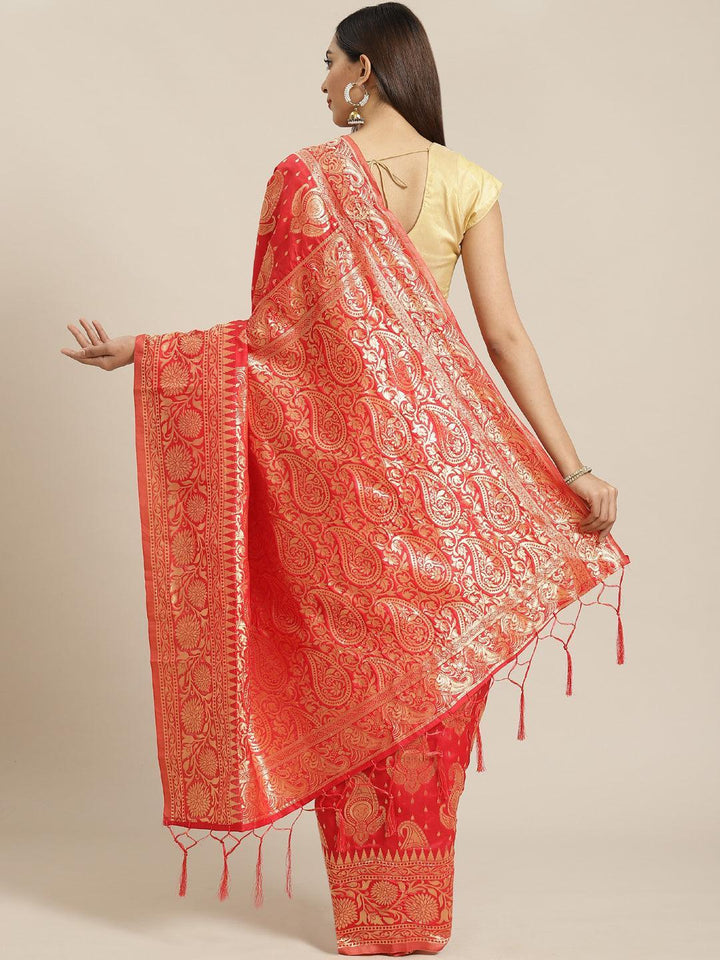 Red Woven Design Brocade Saree - ShopLibas